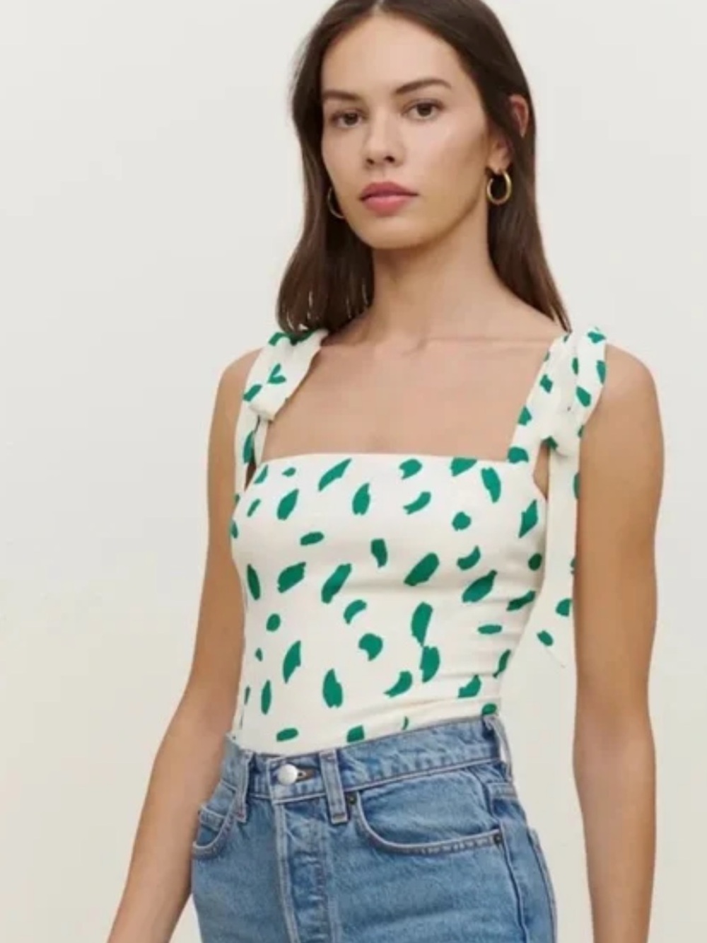 Reformation Green White Ellora Tie Straps SmockedBack Feminine Printed Top NWT 8